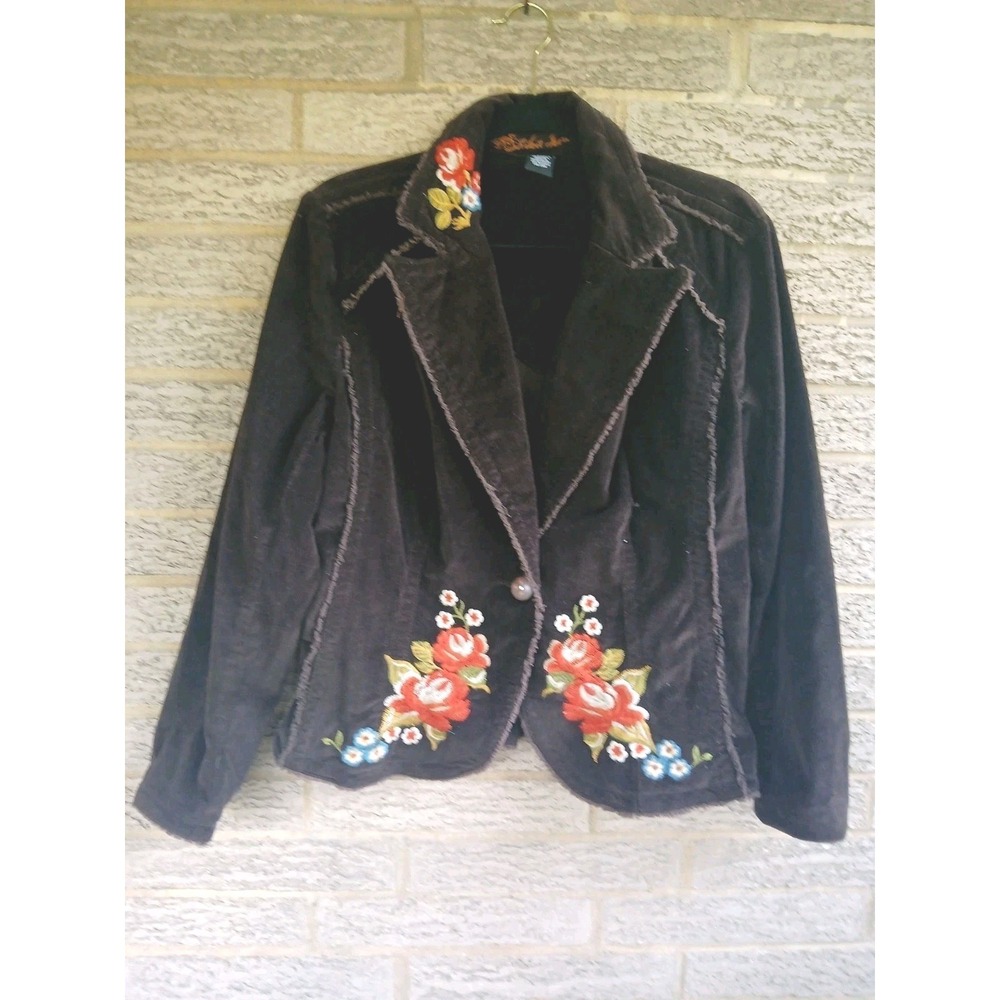 Kikit Jeans Women's Brown Corduroy Floral Embroidered Blazer Jacket Sz XL Boho